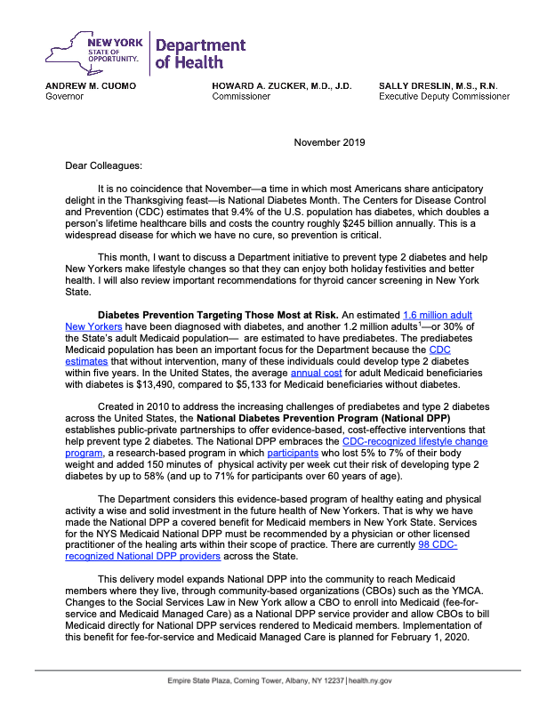 National Diabetes Prevention Program (NDPP) November 2019 Letter from